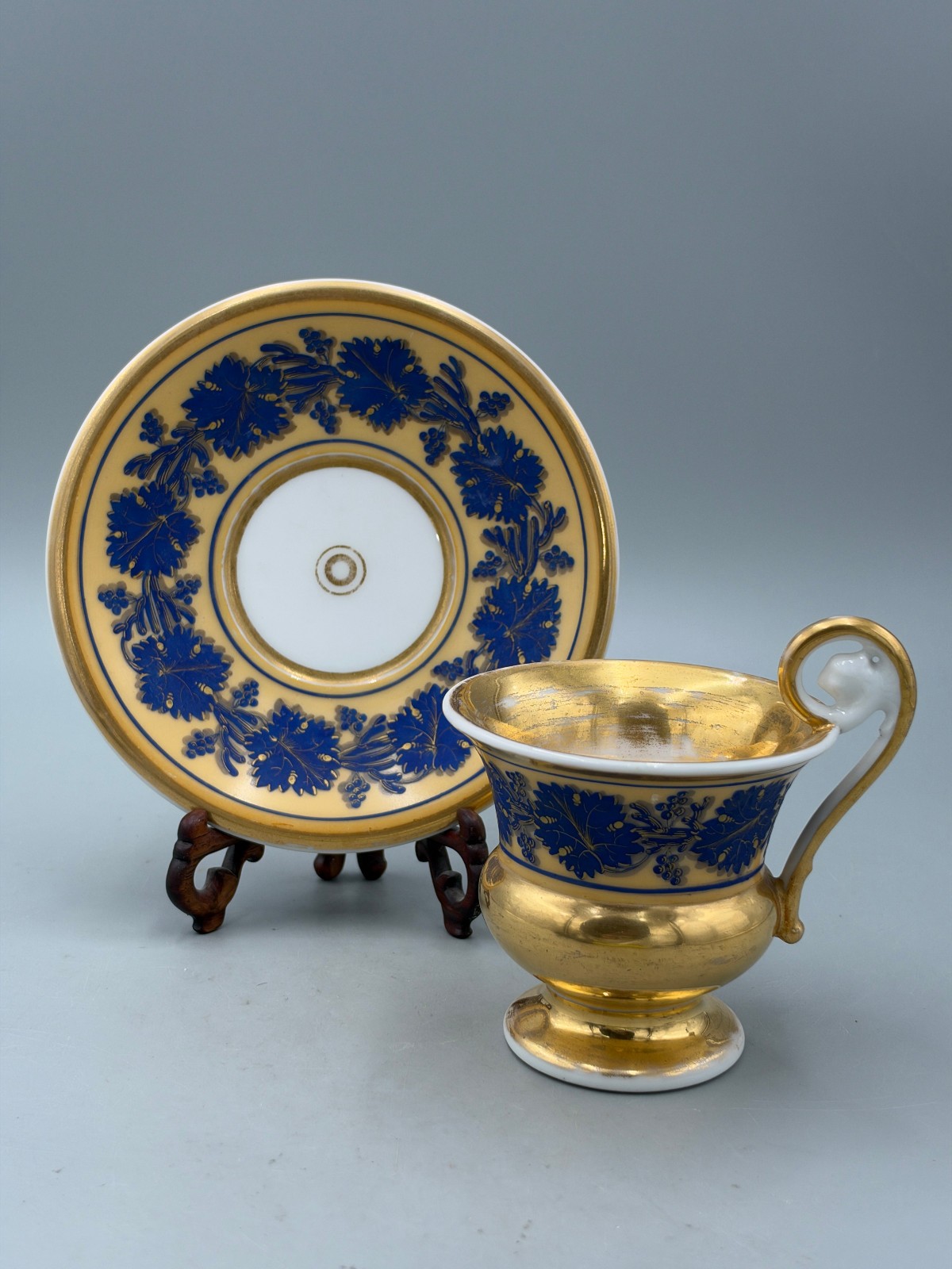 Antique French Paris Porcelain Empire Style Gilt Cobalt Blue Grape Cup & Saucer