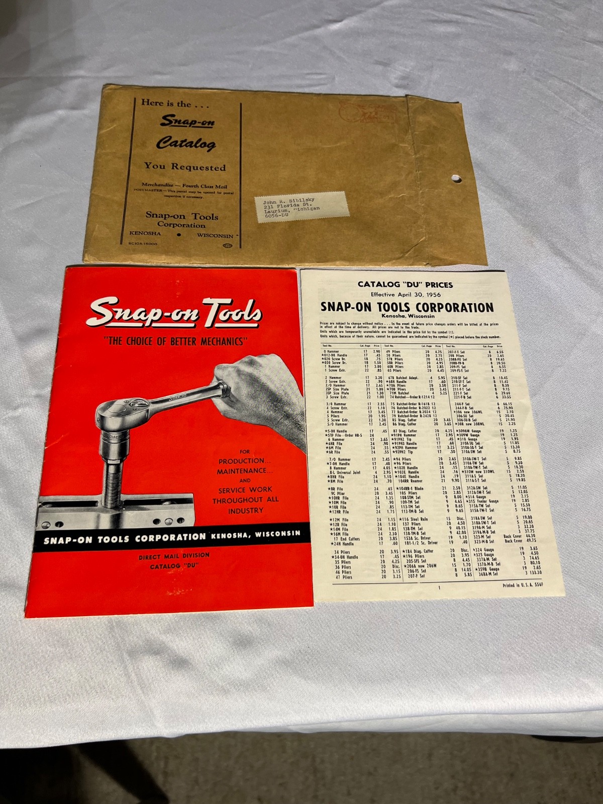 Vintage 1956 SNAP-ON TOOLS Catalog DU Set with Original Mailer and Price List