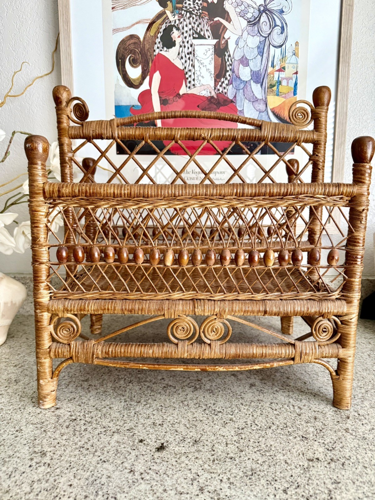 Vintage Wicker & Rattan Victorian Woven Magazine Rack Brown Beads