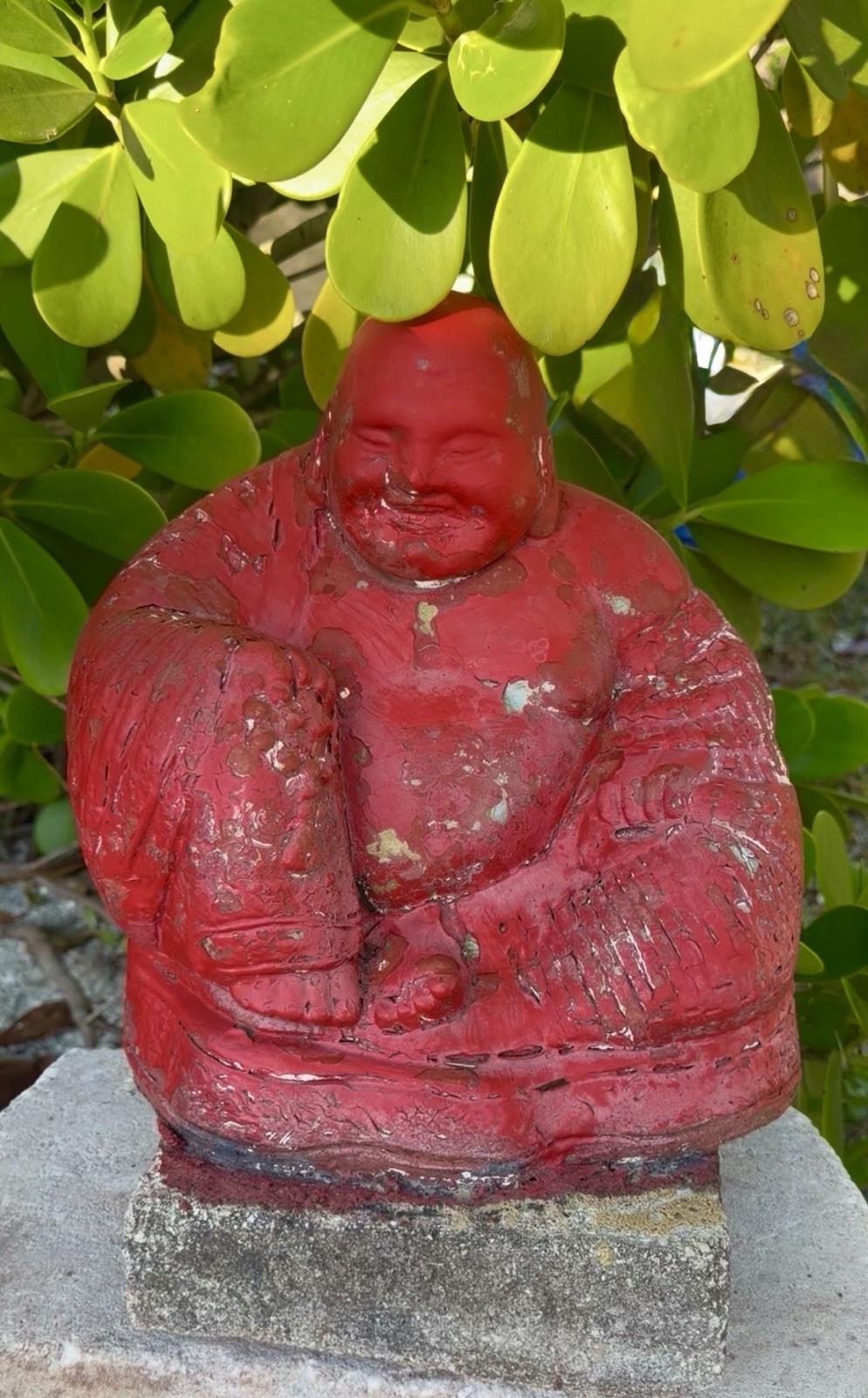 RARE  Antique Concrete Chinese Red Cinnabar Buddha