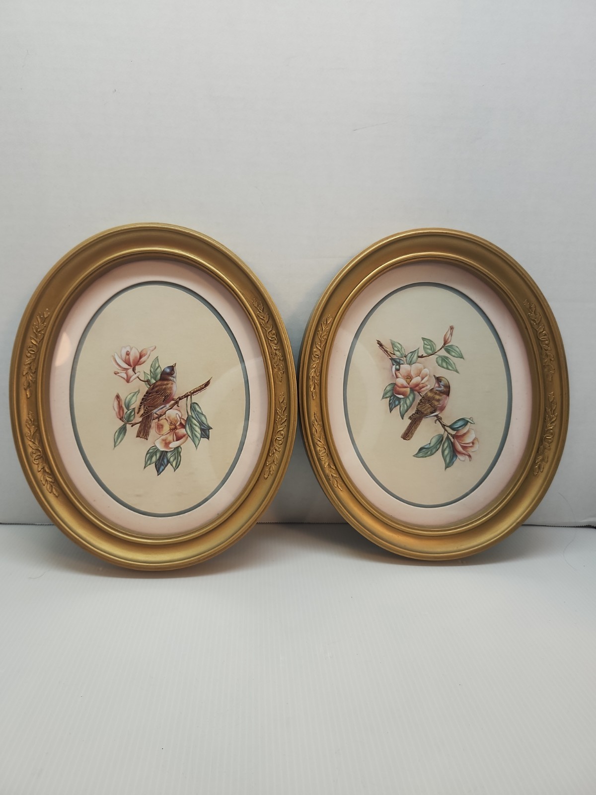 Set Of 2 VTG HOMCO Home Interiors Oval Gold Frame Birds Floral Pictures 11 X 9