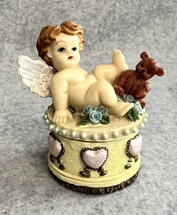 Small Vintage Angel & Teddy Bear Trinket Box | 