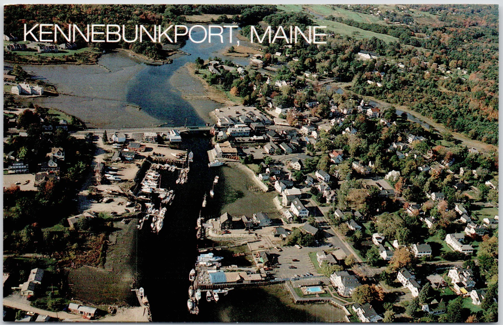 Greetings From Kennebunkport Maine Aerial View Bay Boats City Vintage Postcard