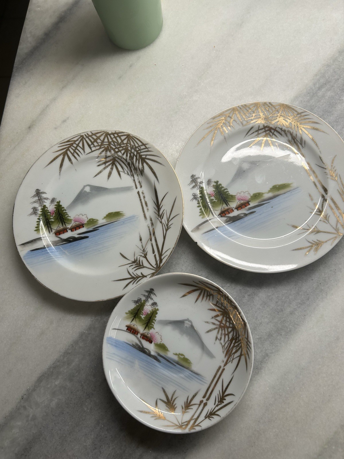Vintage KUTANI Japan 2 small Plates 1 saucer -Painted Mt Fuji Scenic - RARE Vintage KUTANI Japan 2 small Plates 1 saucer -Painted Mt Fuji Scenic - RARE