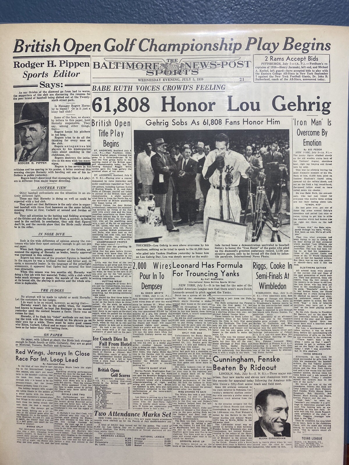 VINTAGE NEWSPAPER HEADLINE ~ LOU GEHRIG LUCKIEST MAN ALIVE FAREWELL SPEECH 1939