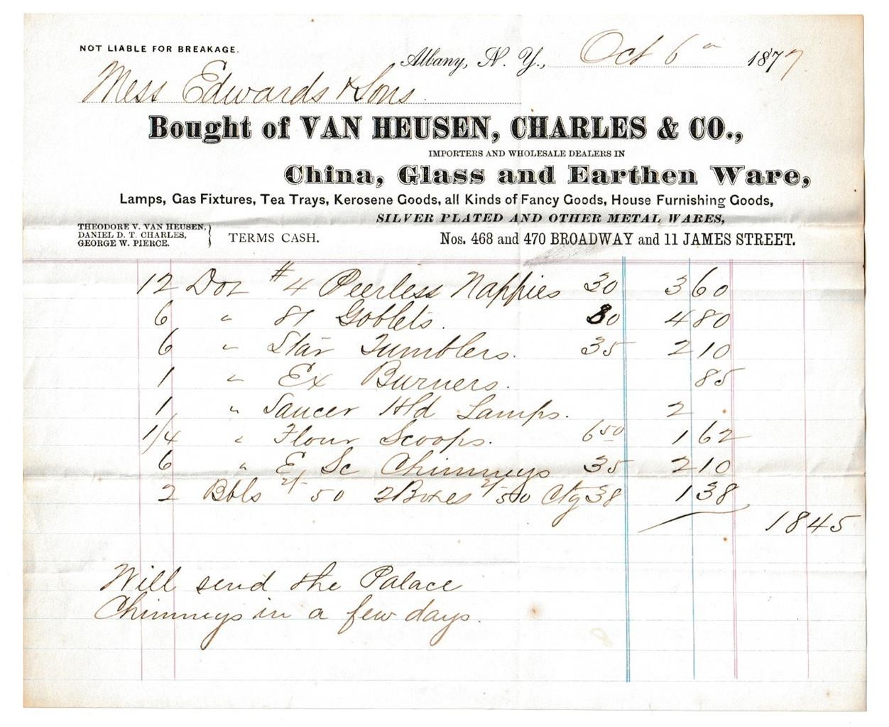 1877 Billhead, Van Heusen, Charles & Co. China and Glass,   Albany, NY