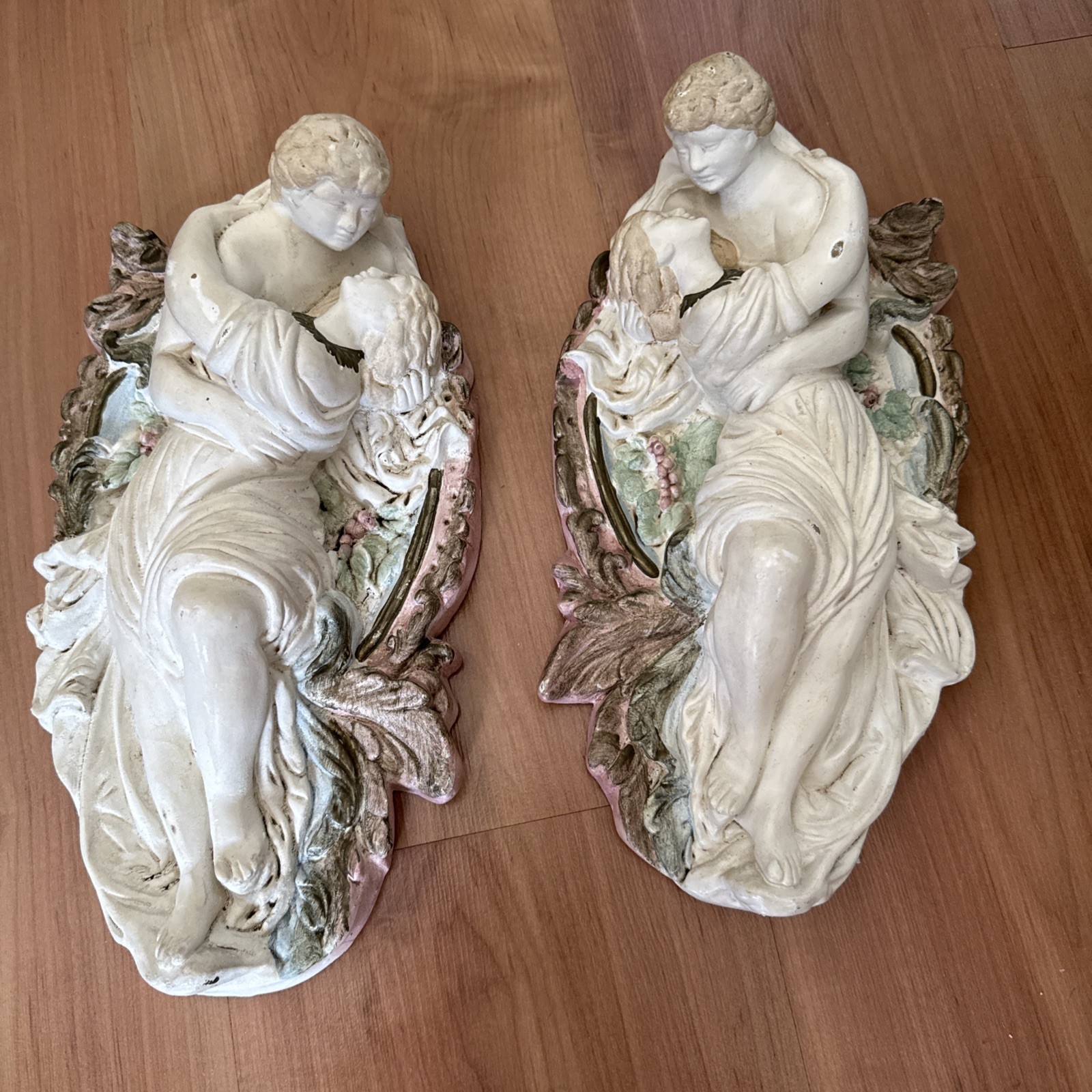 Pair Vintage mid-20th century Capodimonte-style wall plaques 13” x 7” molded Pair Vintage mid-20th century Capodimonte-style wall plaques 13” x 7” molded