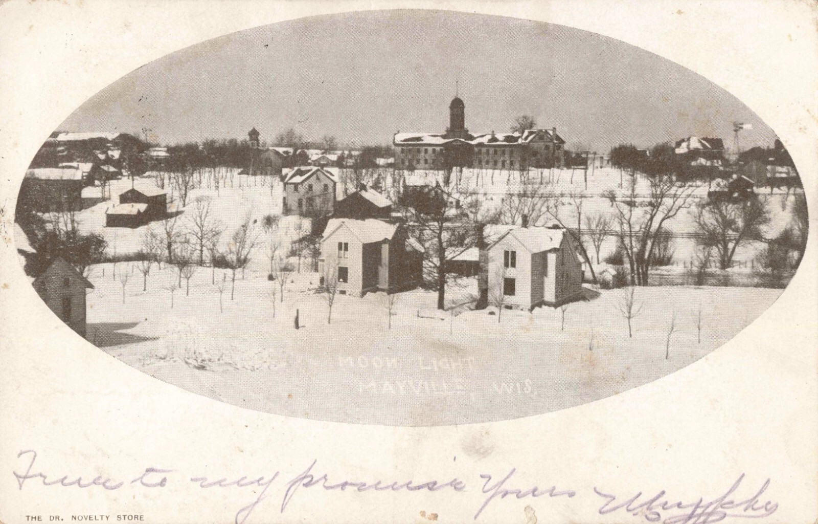 Moon Light Mayville Wisconsin WI Birdseye View Winter Snow 1907 Postcard