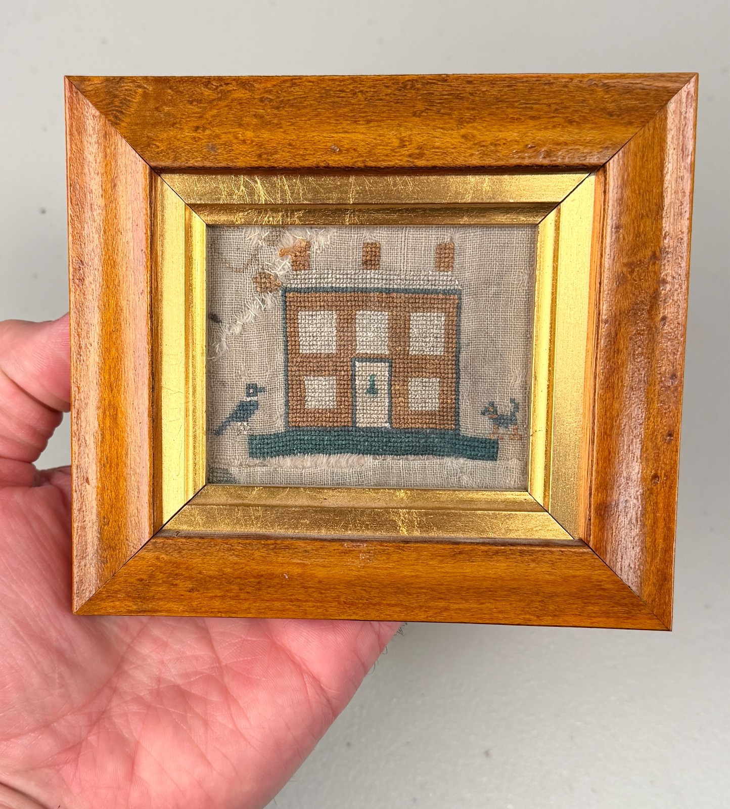 Antique Miniature American Embroidered Needlework Sampler Folk Art 19th Century