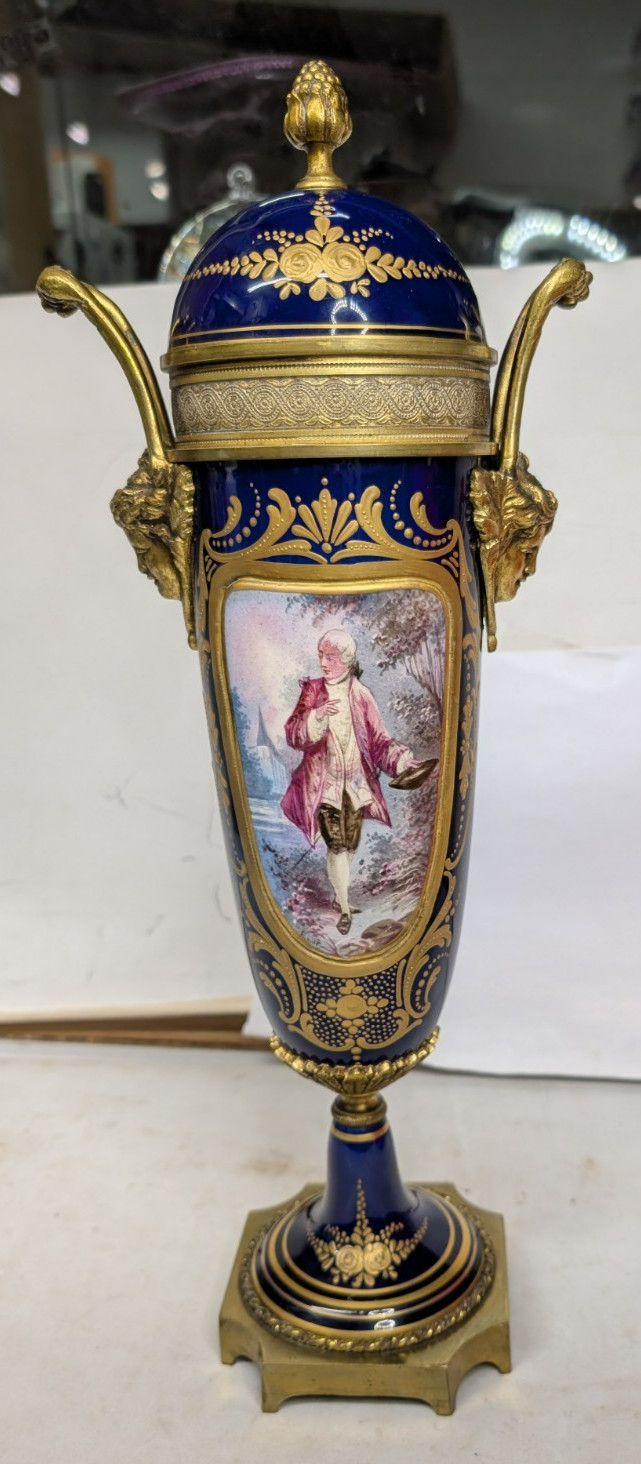 Antique /Vintage Blue Sevres Porcelain Hand Painted Portrait Vase Lidded  Sgn.