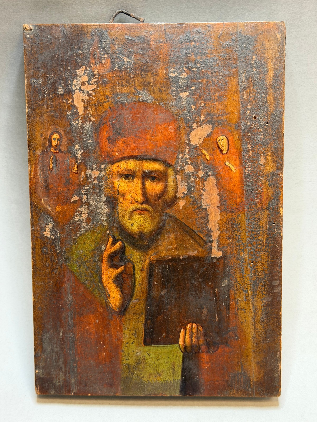 Antique Eastern European Wood Icon St Nicholas Wonderworker Bishop Myra 19th C