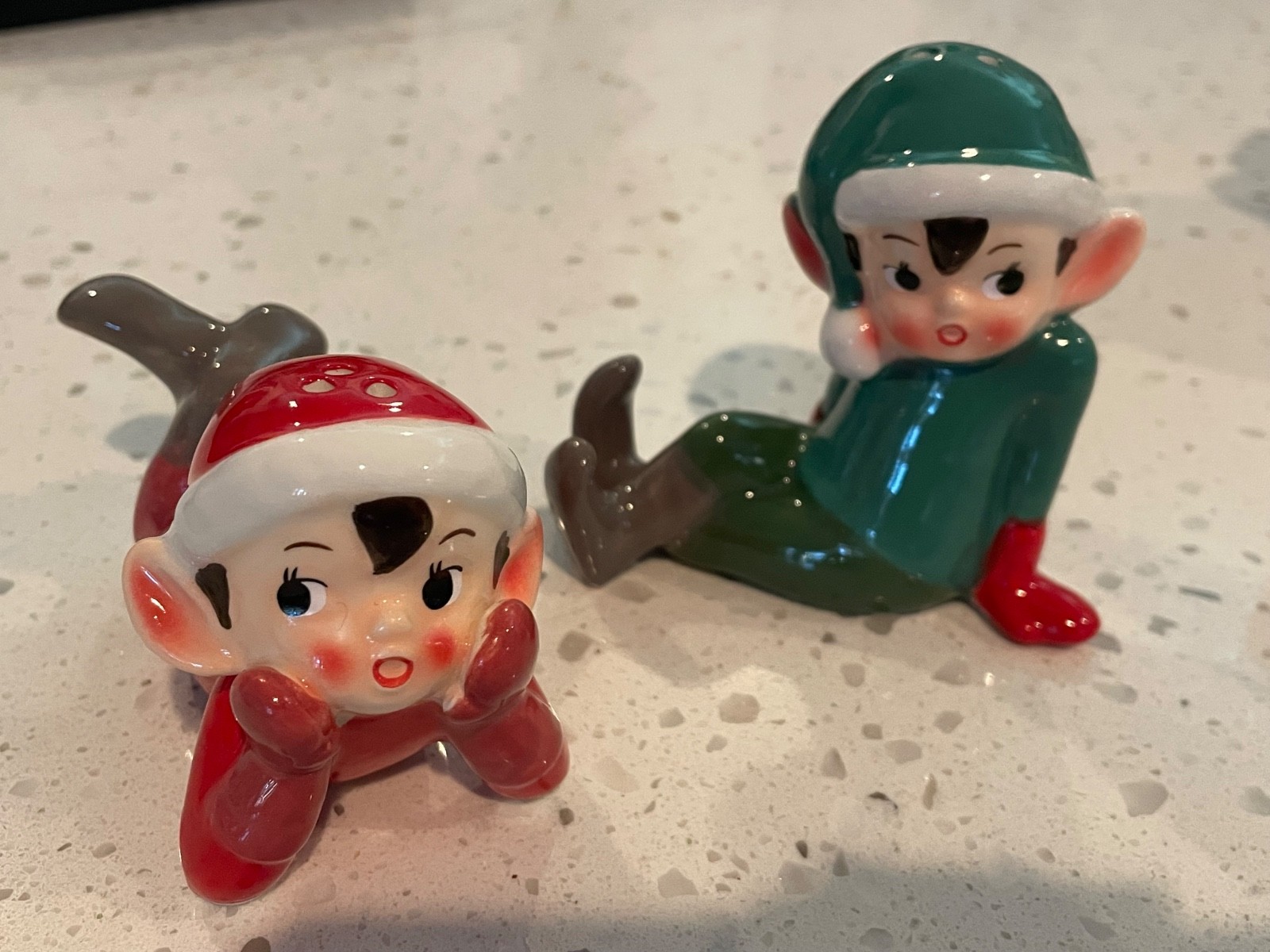 Vintage Elf Pixie Salt & Pepper Shakers Kitsch Ceramic Huge Ears Christmas Hats