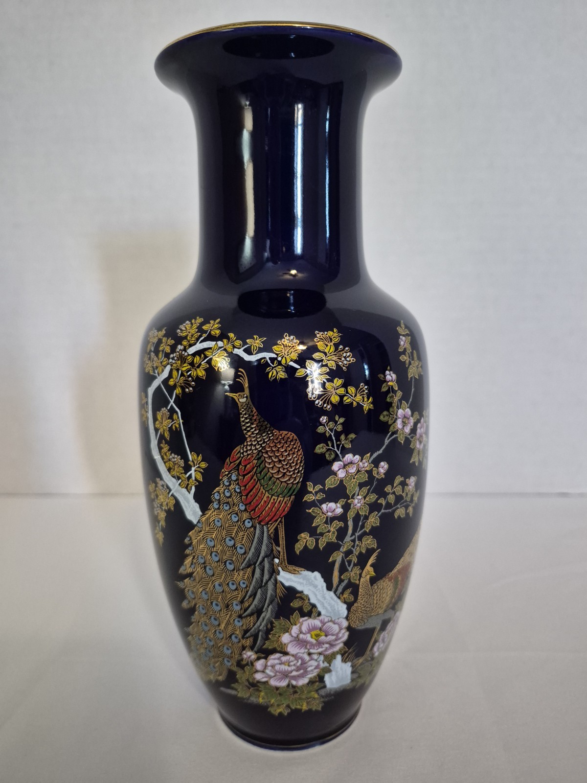 Vintage Chinese Cobalt Blue Peacock Vase, 10 Inch
