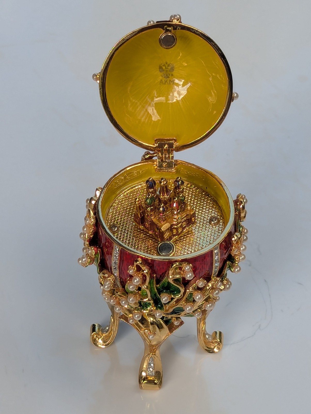 Faberge Egg Trinket Music Box, Footed Pedestal Red Crimson w/ Rhinestones