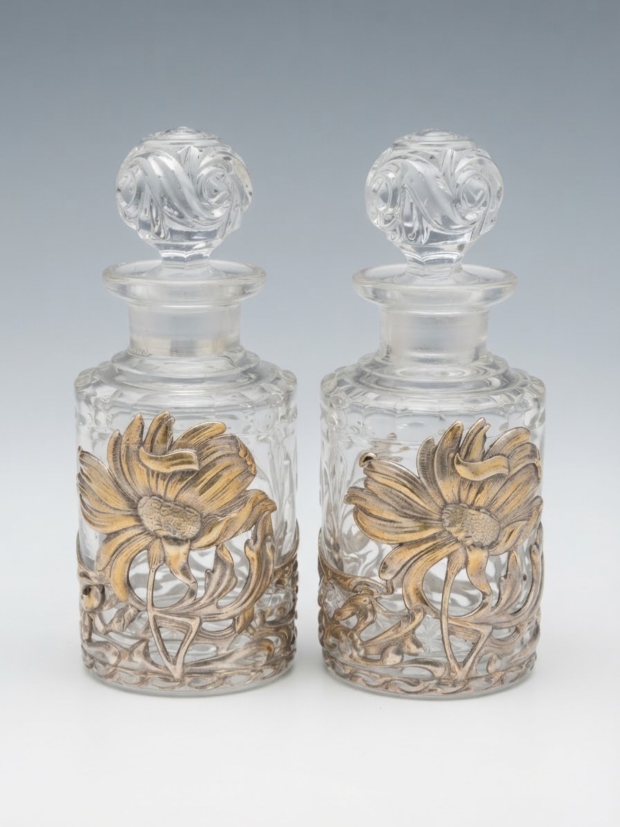 Antique Baccarat Art Nouveau Silver Plated Overlay Perfume Bottles Pair