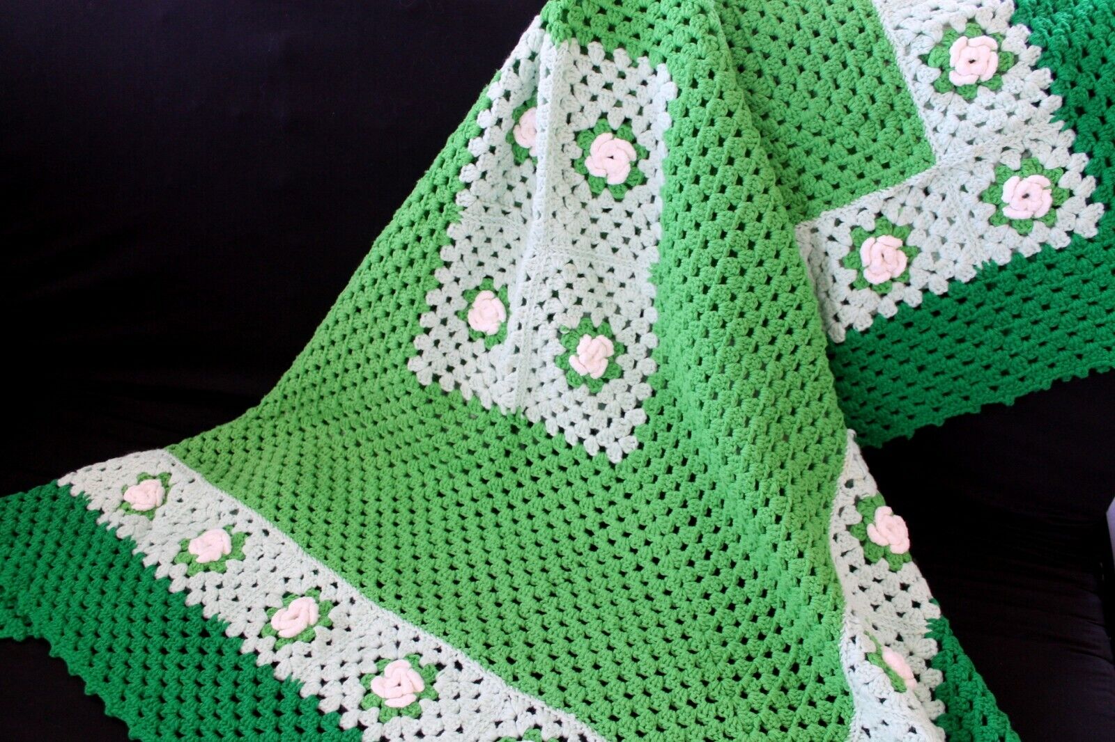 Vtg Green White 3D Rose Flower Afghan Crocheted Blanket Cover Throw Granny Warm