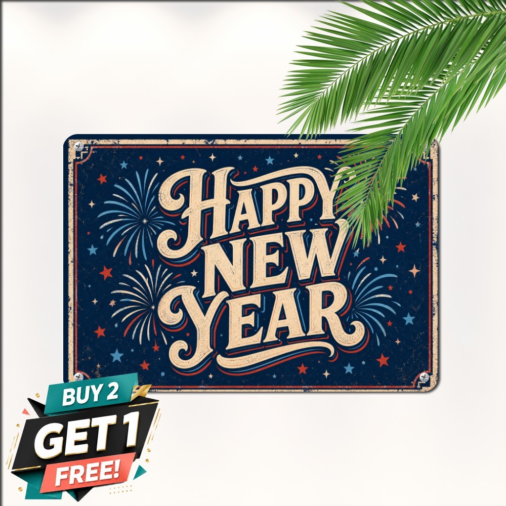 Happy New Year Fireworks Celebration Metal Tin Sign 8x12 Holiday Plaque