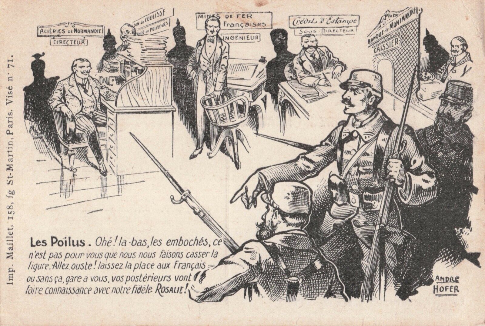 Artist Signed Andre Hofer French Satirical WWI Anti-German Postcard ca. 1916-17