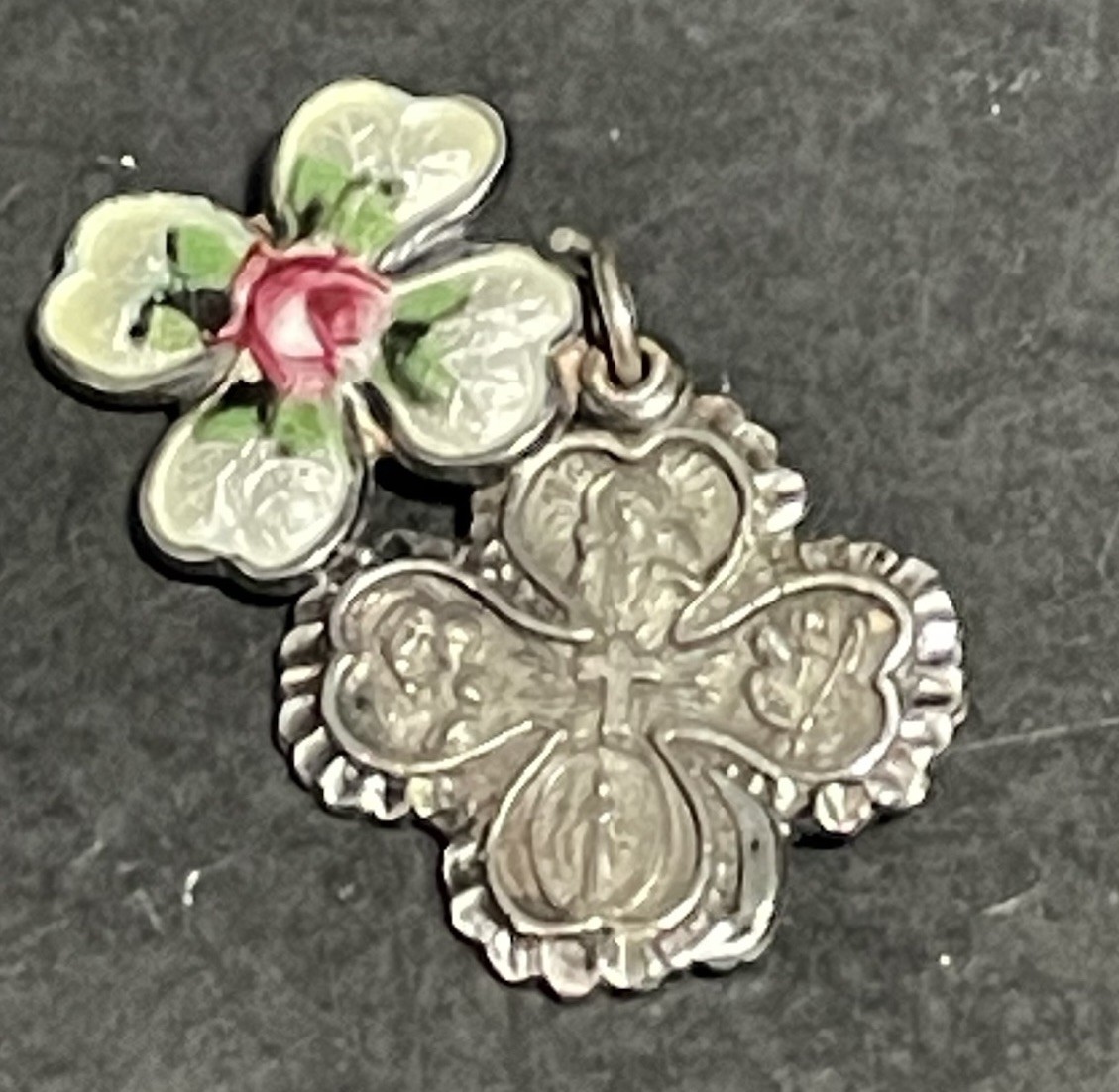 Sterling Guilloche Enamel Clover Slide Pendant Catholic Religious 4 Vintage