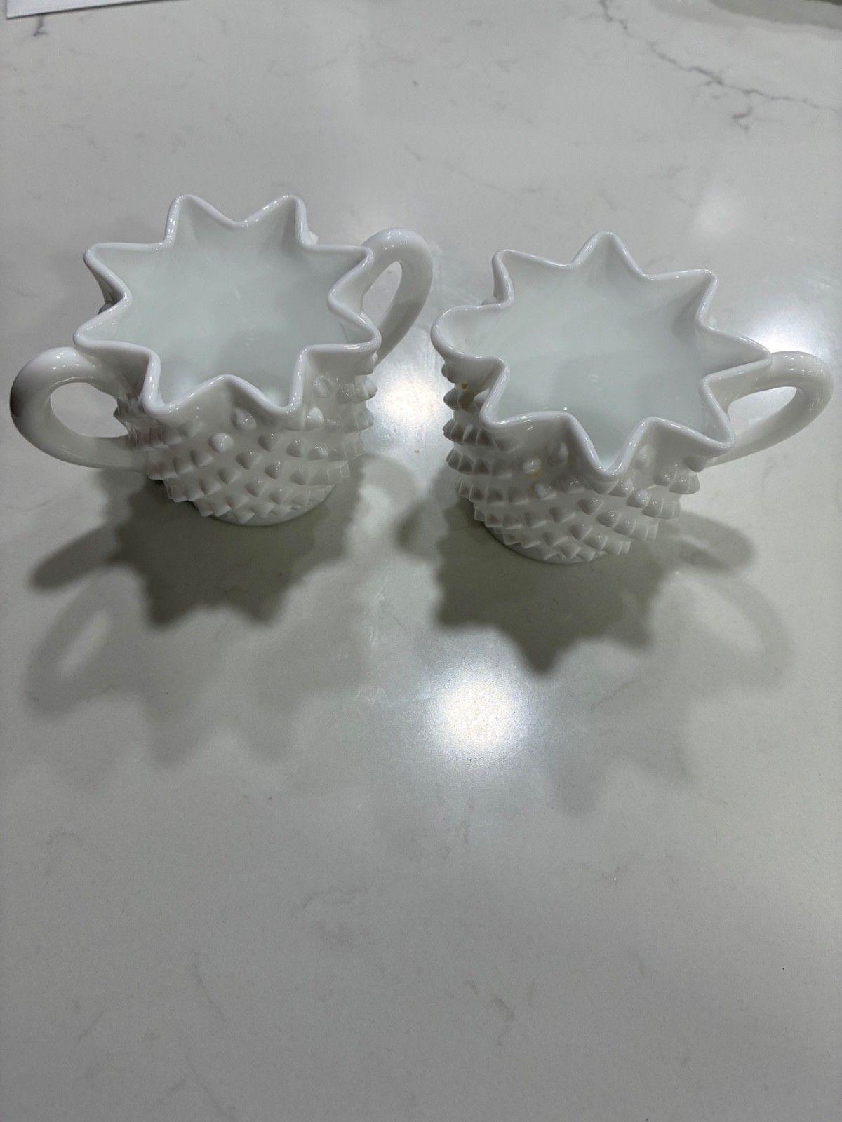 Vintage Fenton Milk Glass Hobnail Star Crimped Cream and Sugar Set Vintage Fenton Milk Glass Hobnail Star Crimped Cream and Sugar Set