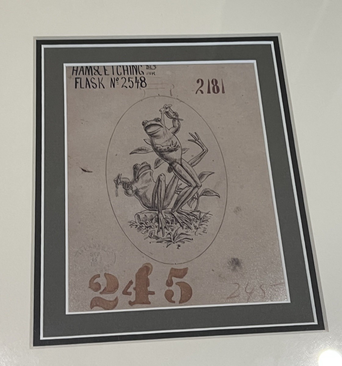 Rare Hams&Etching Tiffany Co. Frogs Vase Sketch Collection Framed Sept. 15 1867