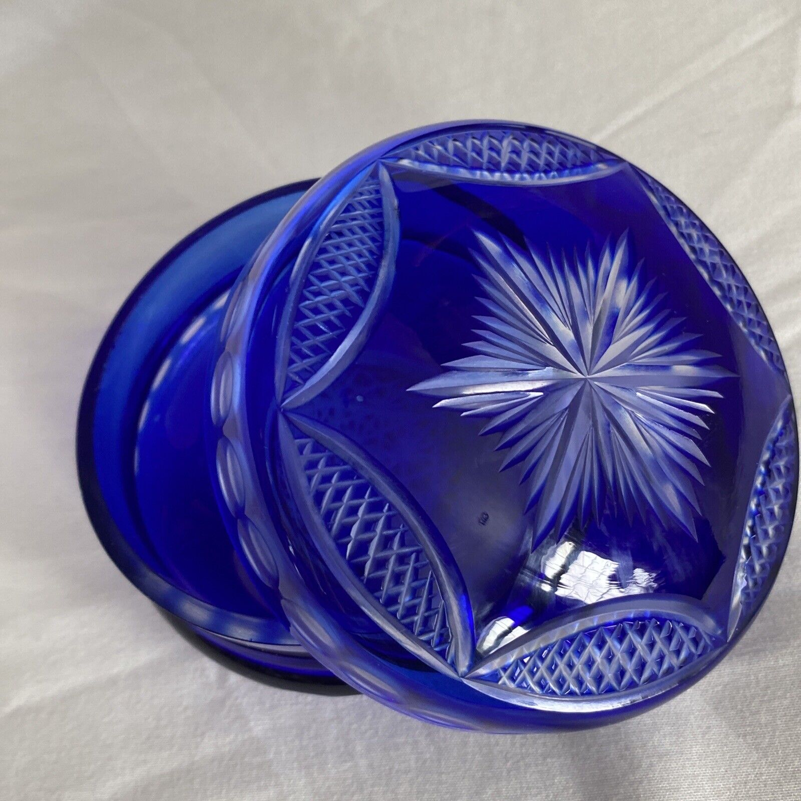 VTG Cobalt Blue Cut to Clear Glass Bohemian Glass Candy Trinket Dish Lidded 3.4”
