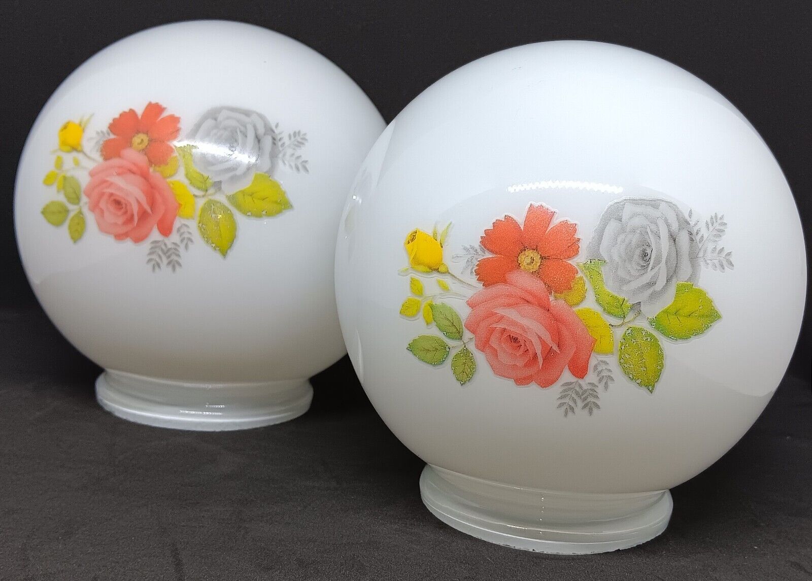2 Vintage White Glass Pink Gray Red Yellow Floral Light Globes Replacements EUC