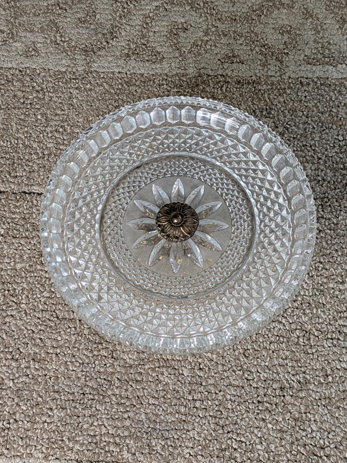 QMS Vintage Pedestal Cake Plate Diamond Cut Glass Ornate Brass Base QMS Vintage Pedestal Cake Plate Diamond Cut Glass Ornate Brass Base