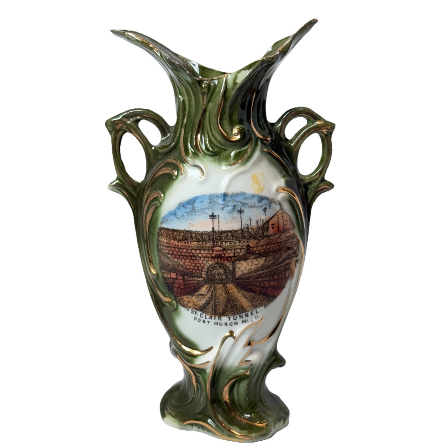 PORT HURON MICHIGAN MI Antique ST CLAIR TUNNEL Souvenir China TRINKET VASE