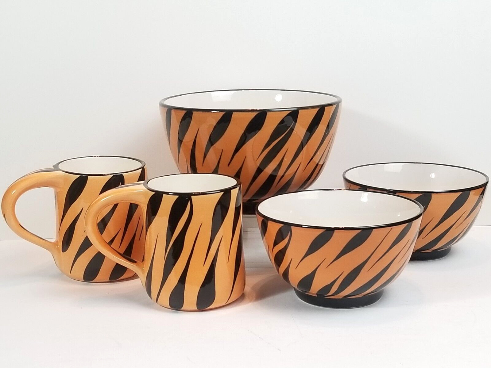 Vintage Evandale Porcelain Handpainted Orange/Black Stripe Bowls and Cup Set