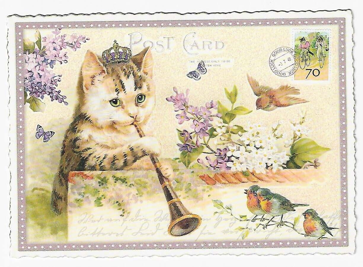 Postcard Glitter Tausendschoen Cat Playing Flute Postcrossing Anthropomorphic
