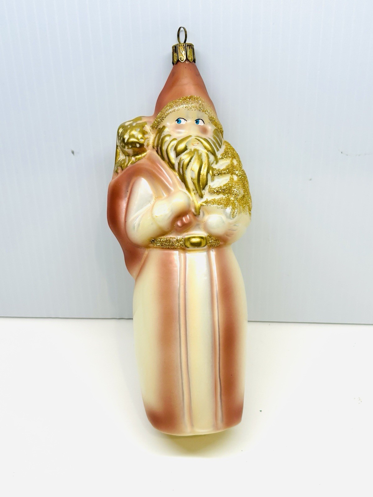 Vintage Neiman Marcus Cream Pink Gold Santa Glass Christmas Ornament NM Cap