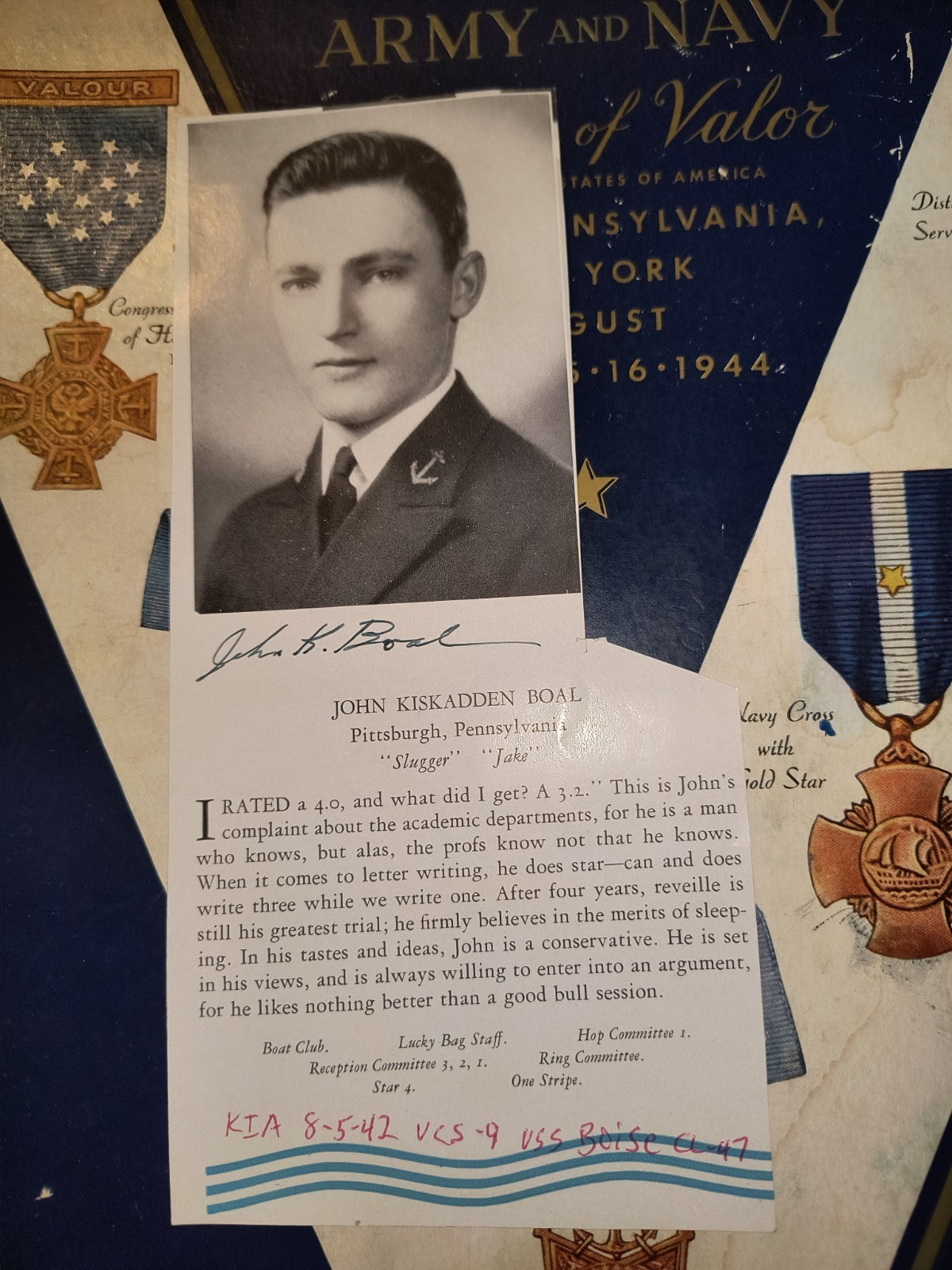 Lt. JOHN K. BOAL Pilot VCS-9 USS Boise KIA 1942 Signed USNA 1937 Yearbook Photo
