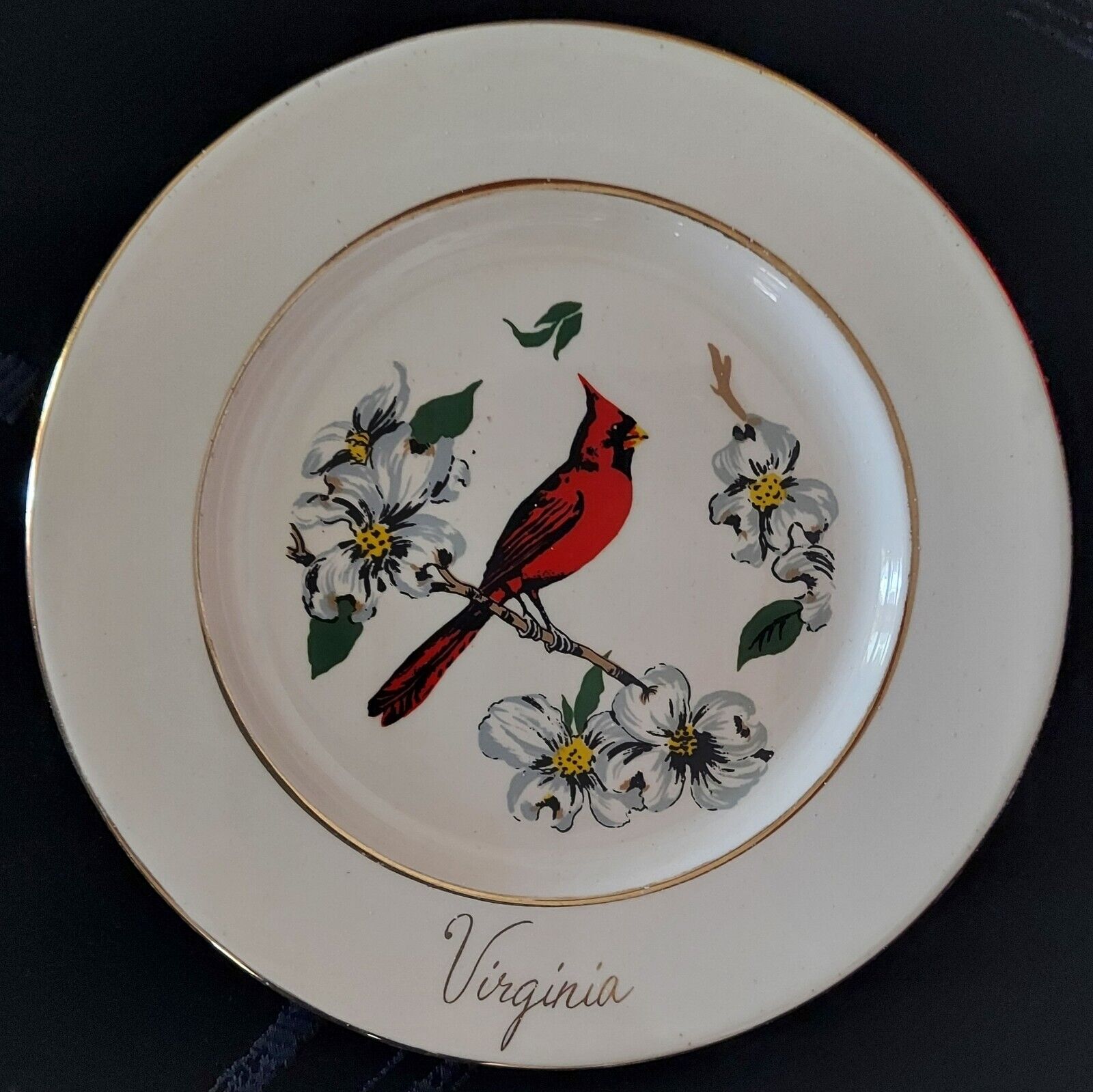 Decorative Souvenir Plate Virginia Dogwood, Cardinal, 8in Dia., Off-White & Gold