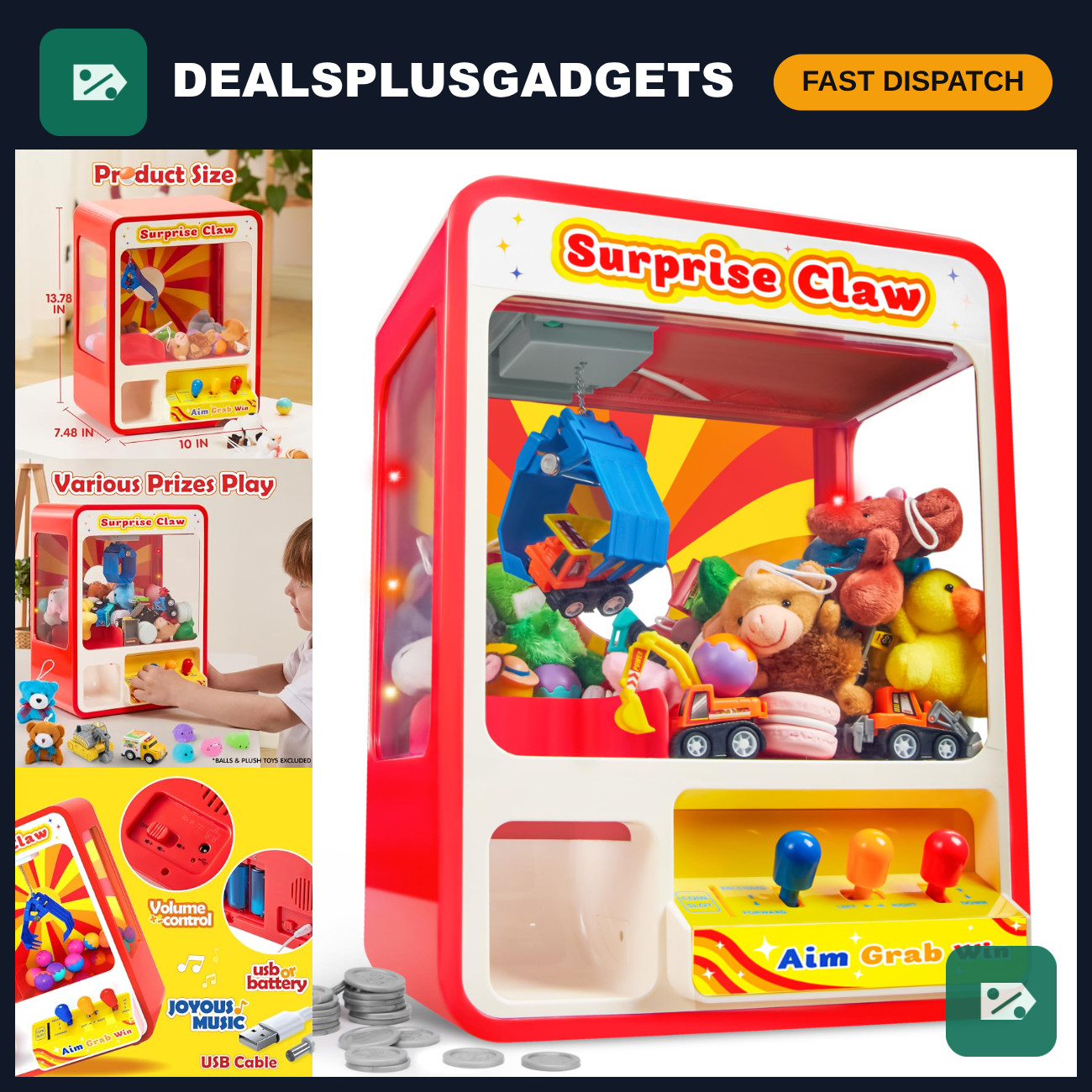 Claw Machine Arcade Toy with LED Light & Sound, Rechargeable Mini Vending Machin
