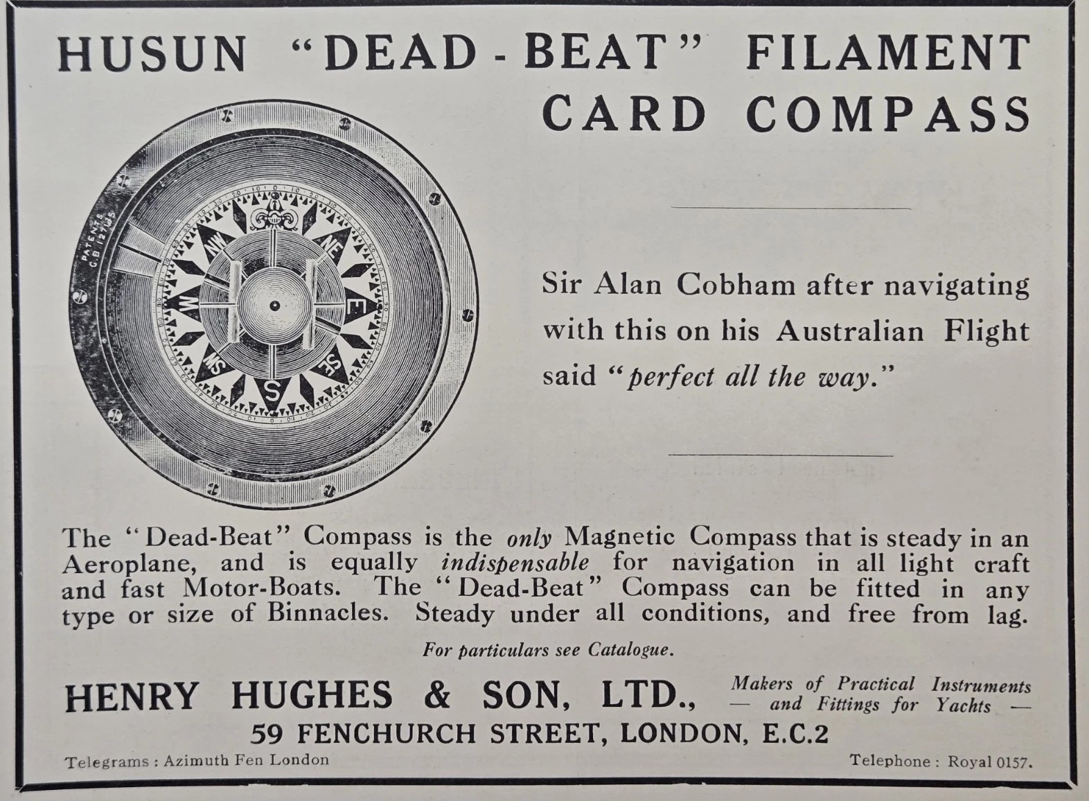 Husun Dead-Beat Filament Magnetic Boat Plane Card Compass Vintage Print Ad 1927