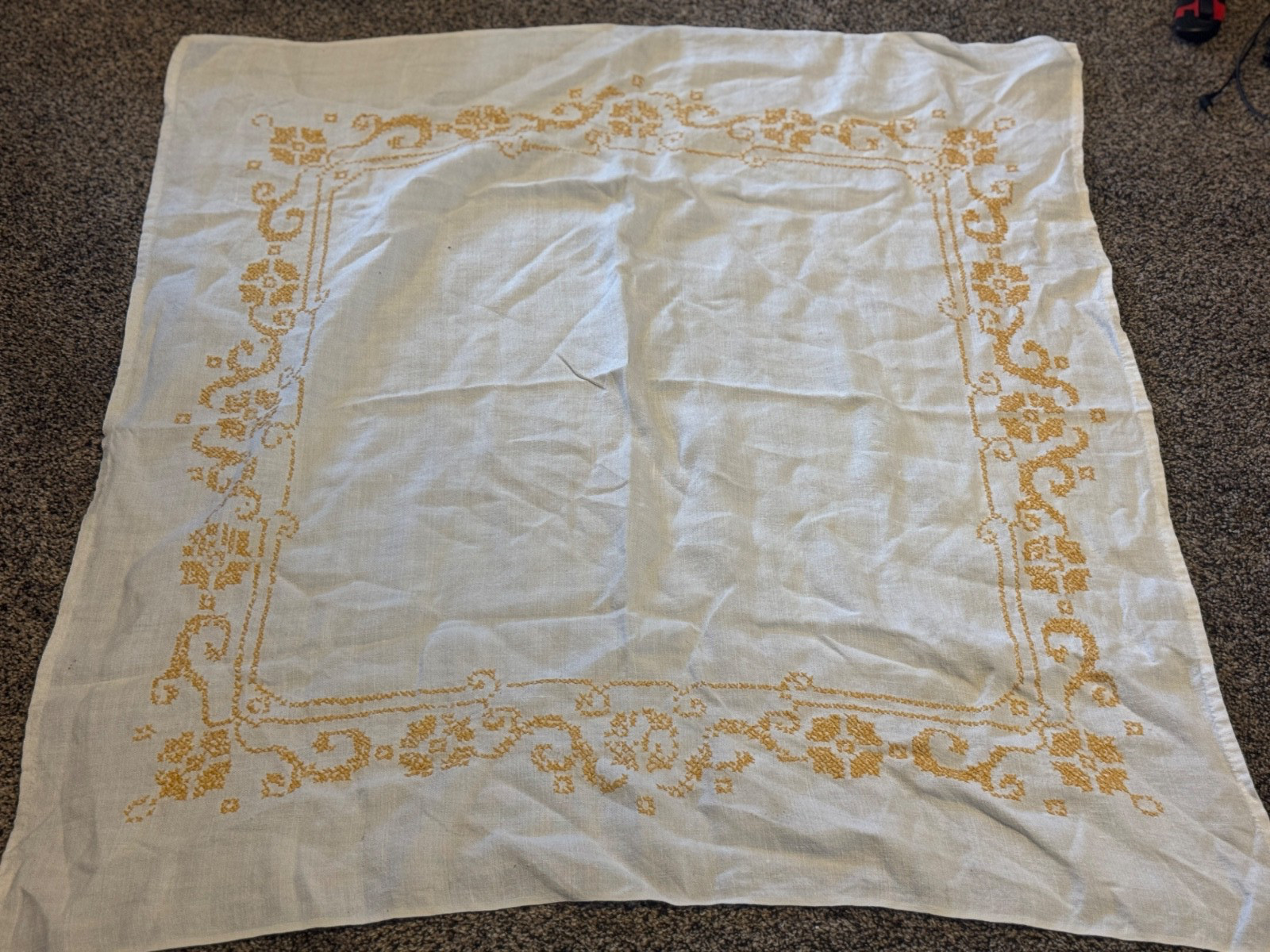 Vintage Hand Embroidered Cross Stitch Tablecloth Gold Floral Border Handmade 33