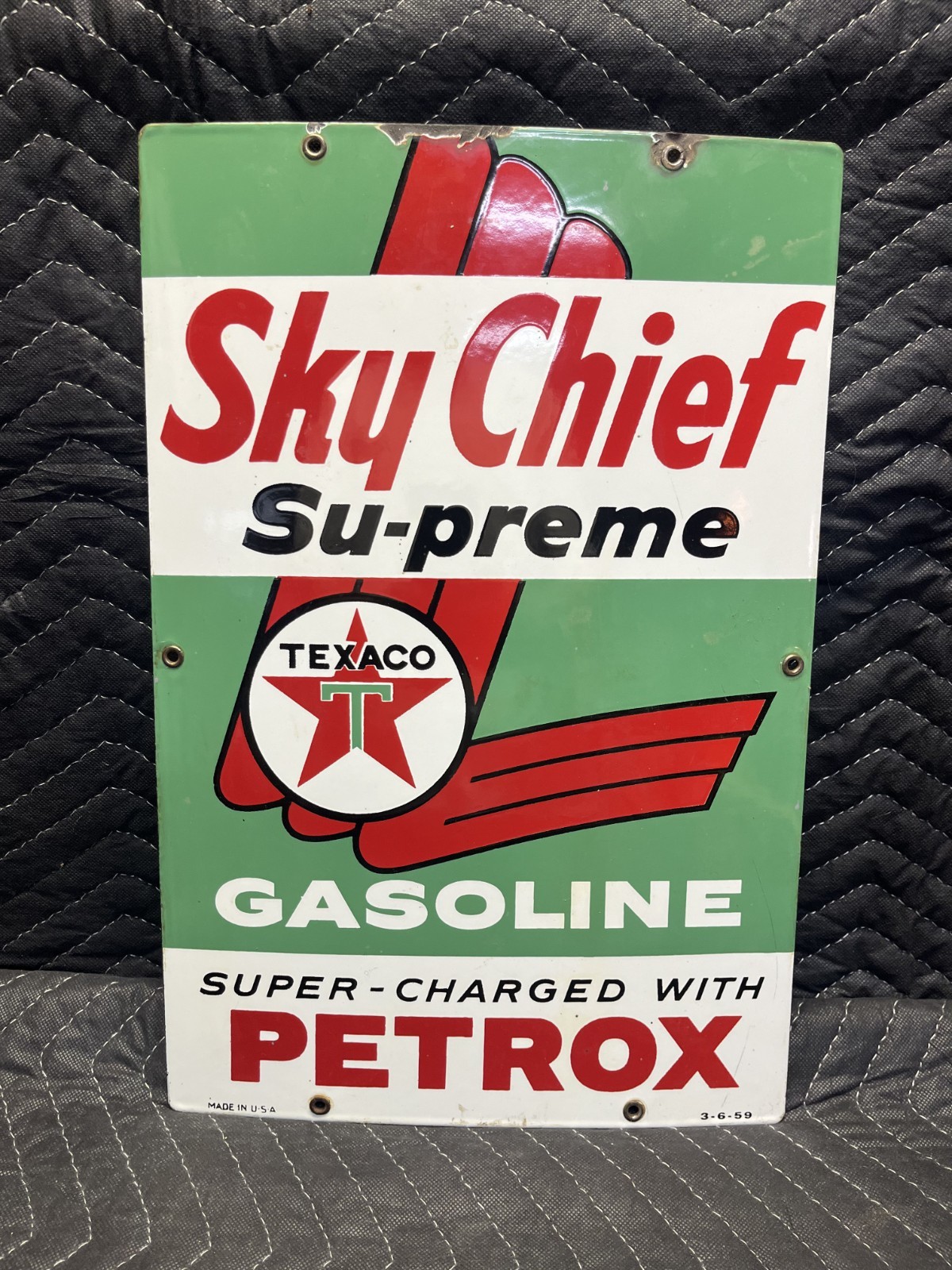 Vintage 1959 Texaco Sky Chief Supreme Gas Porcelain Pump Plate Sign (12 x 18)