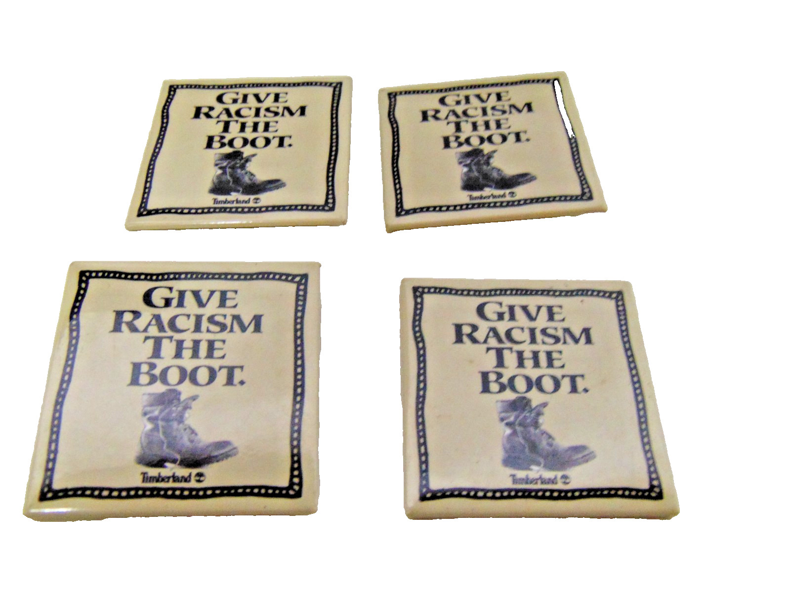 4-1990s Timberland Give Racism The Boot square Pins Promo Political Black Racist