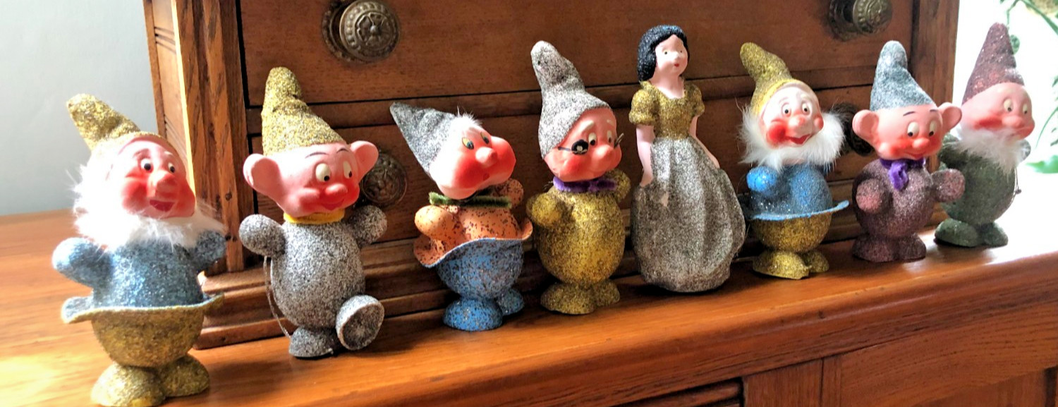 Vintage 1930/40s Putz Mica Snow White And The 7 Dwarfs Candy Containers Germany Vintage 1930/40s Putz Mica Snow White And The 7 Dwarfs Candy Containers Germany