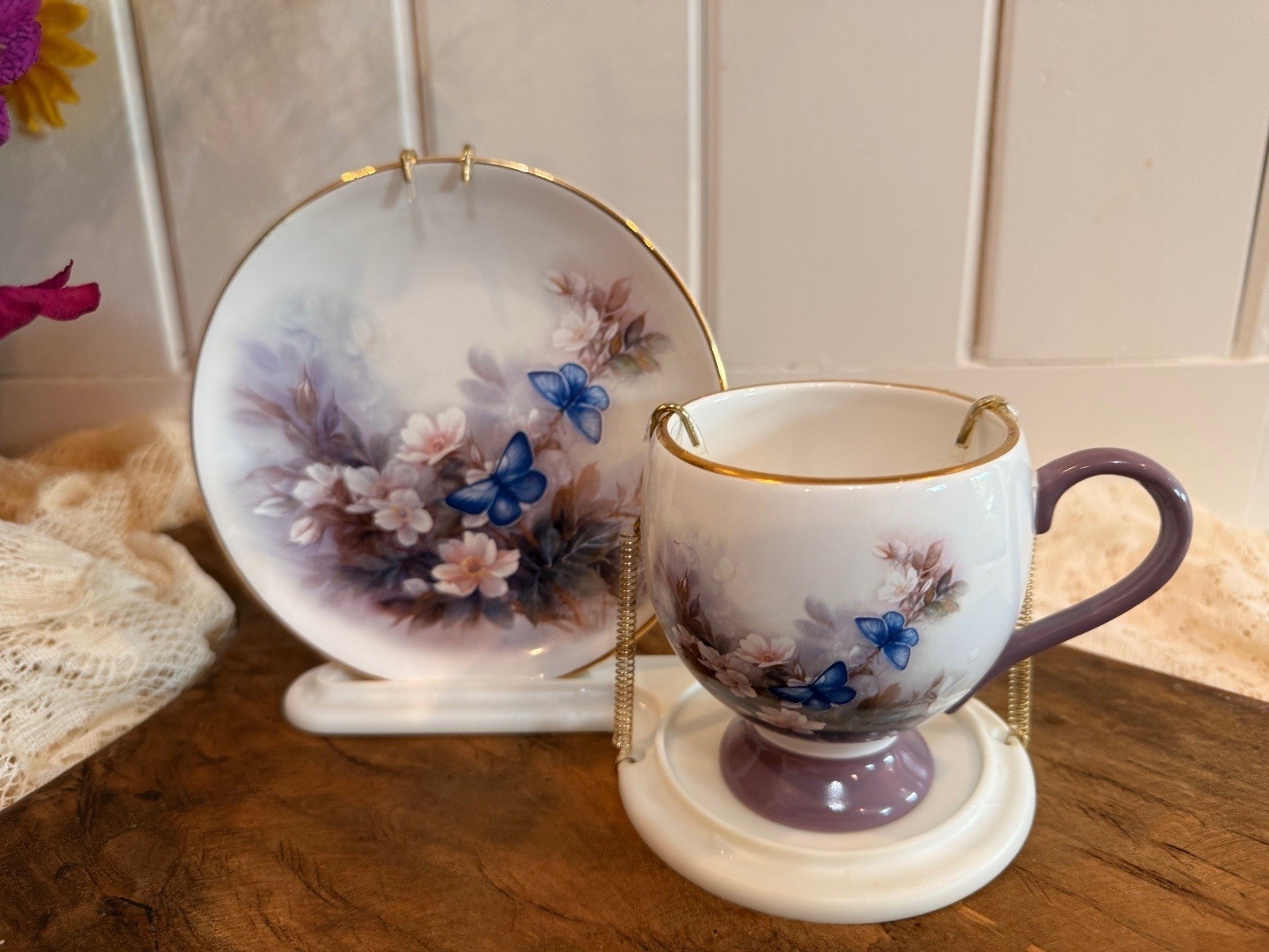 Vintage Lena Liu Blossoms and Butterflies Teacup Saucer Set w/ Original Stand