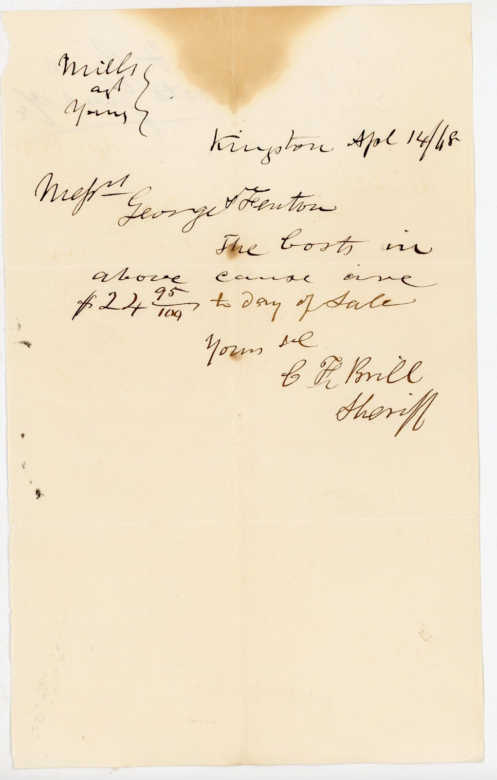 1868 Kingston NY Sheriff’s Letter Legal Costs Mills v Young Signed Sheriff Buell 1868 Kingston NY Sheriff’s Letter Legal Costs Mills v Young Signed Sheriff Buell