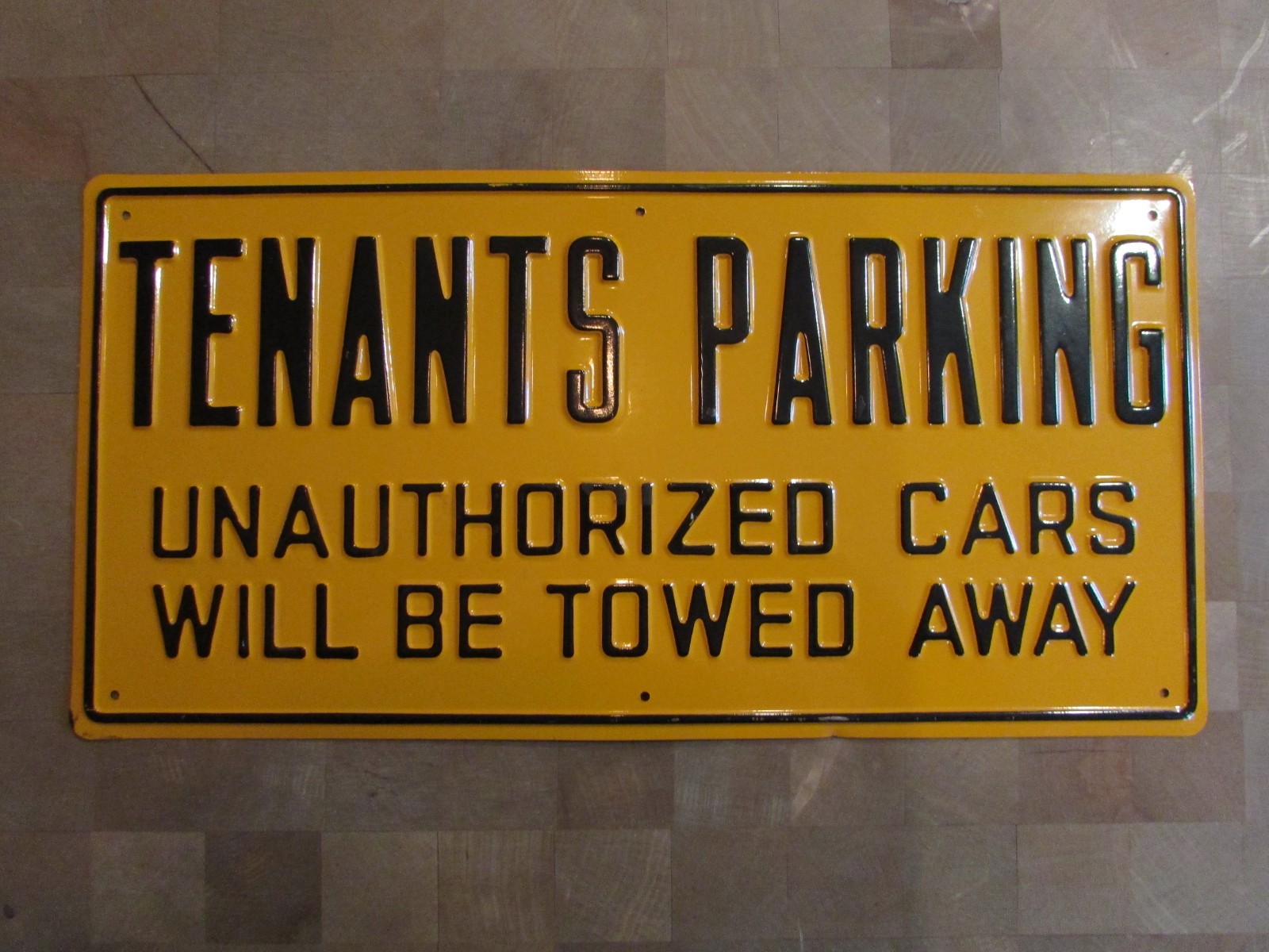 VTG 60's NOS Embossed Metal TENANTS PARKING UNAUTHORIZED CARS WILL BE TOWED Sign