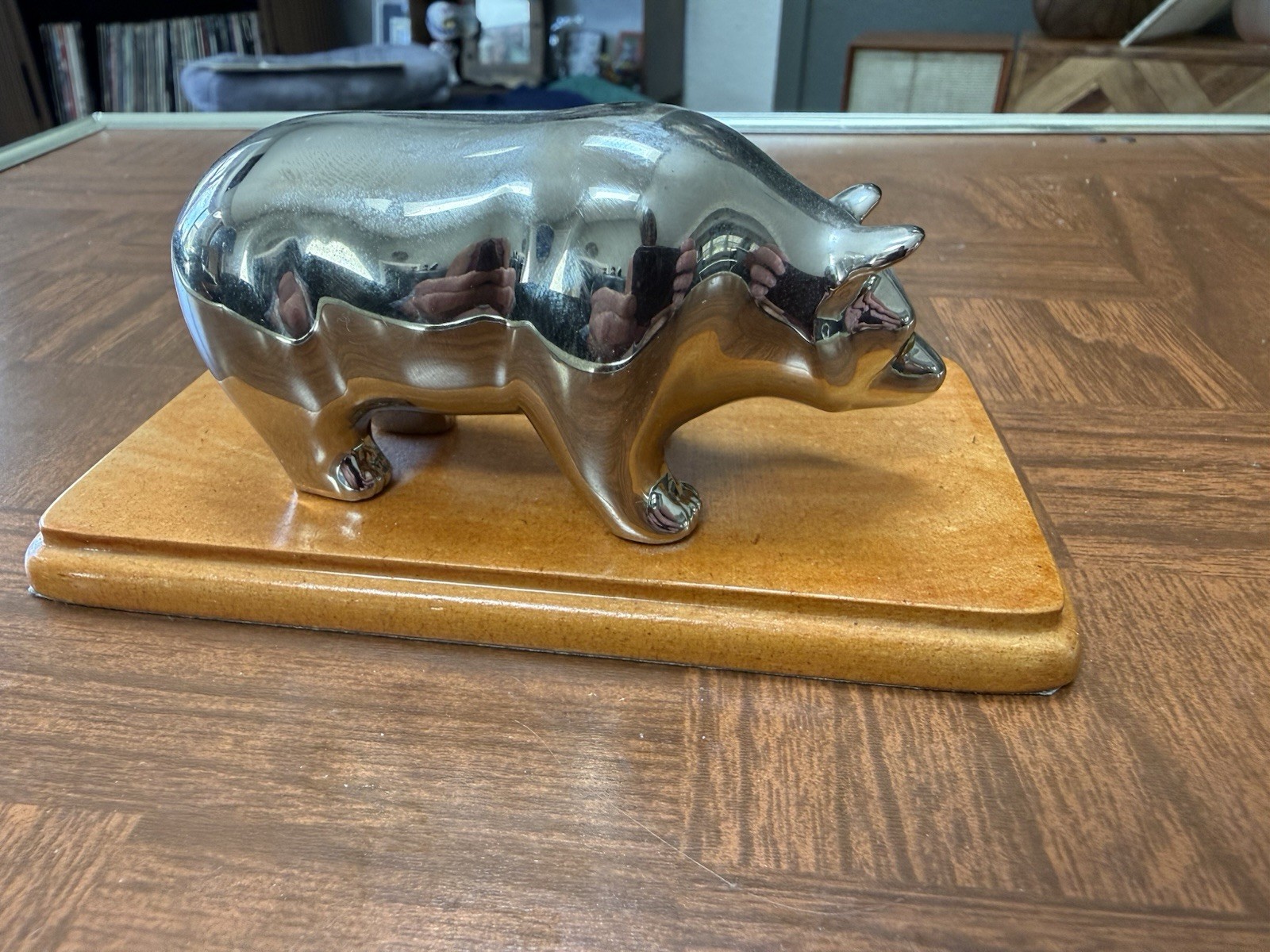 VTG MCM Polar Bear Chrome Plated Paperweight Sculpture Decor On Wooden Plinth
