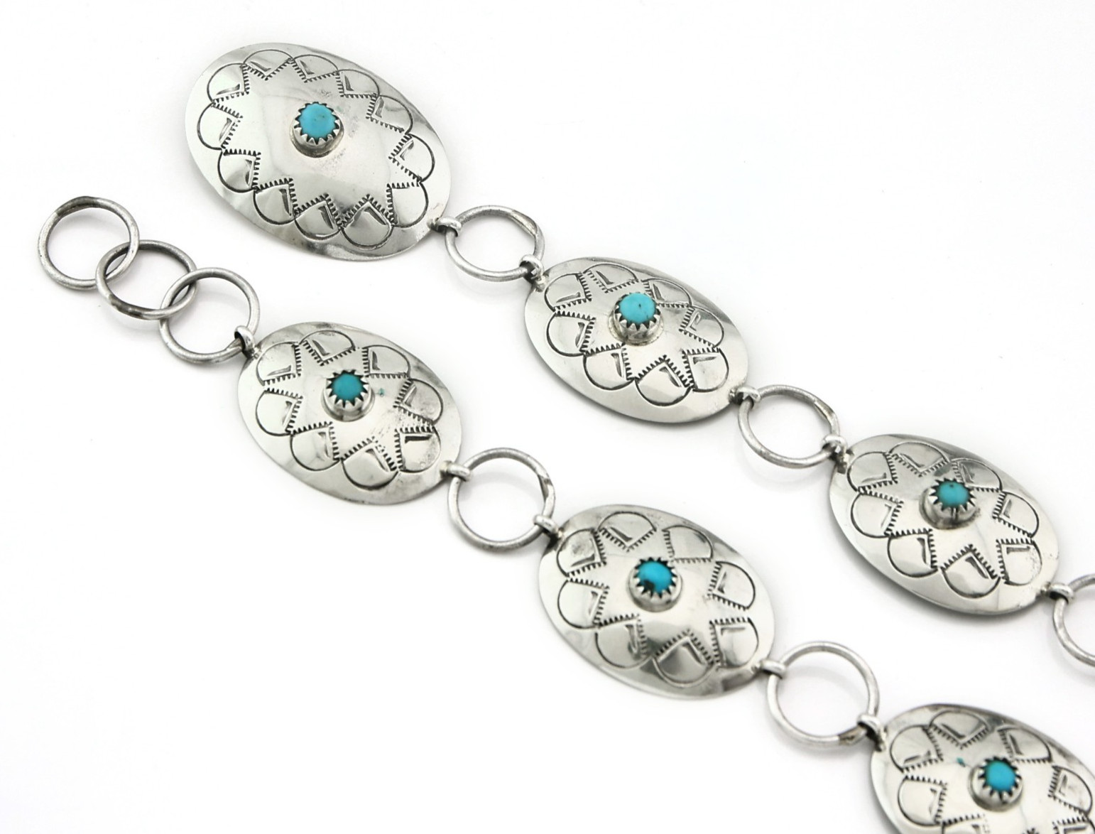 Navajo Concho Belt Sterling Silver Vintage Turquoise Hand Stamped Native C.80\'s