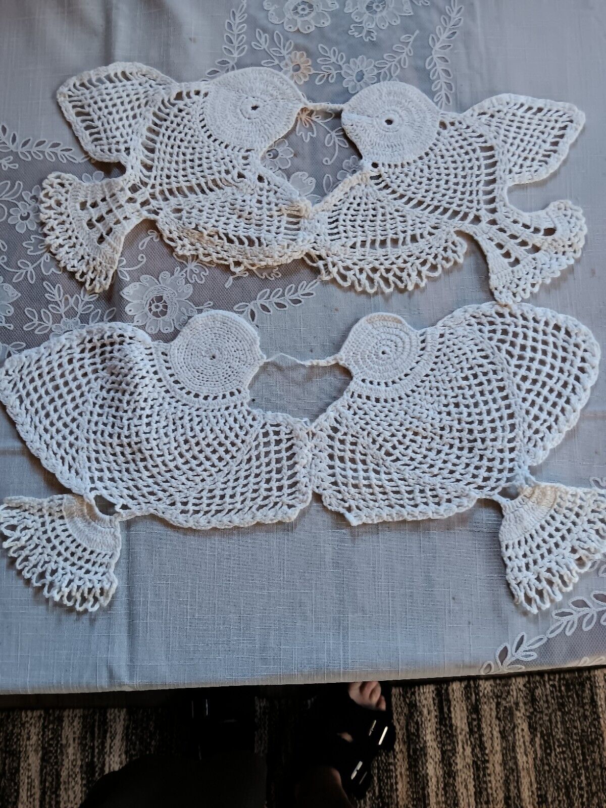 2 Vintage Handmade Crochet Lovebird Doily