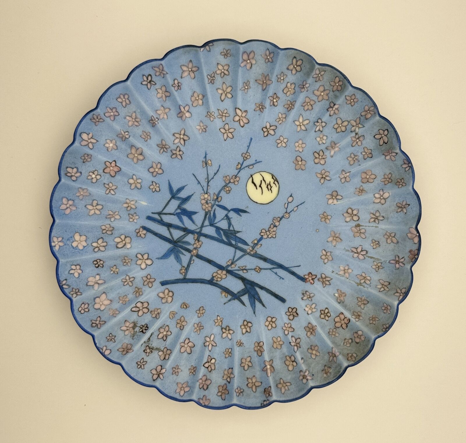 Haviland Painted Scalloped Blue Floral Plate with Moon and Bamboo  -1876-1886