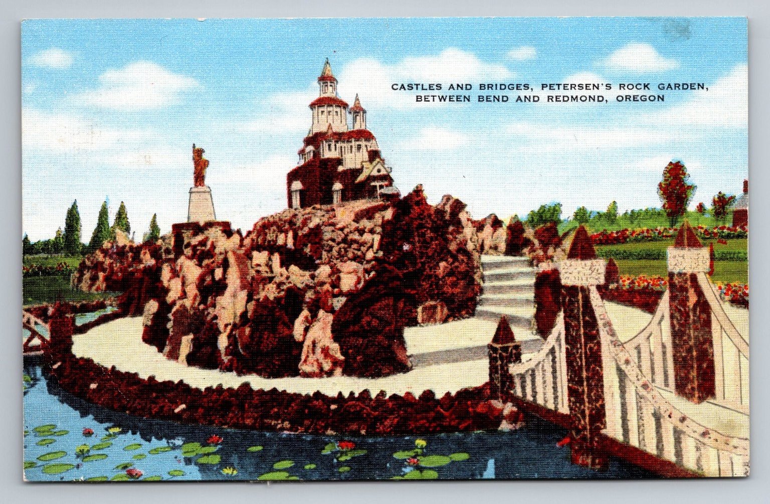 Vintage Linen Postcard Petersen's Rock Garden Bend Oregon Castle Bridge