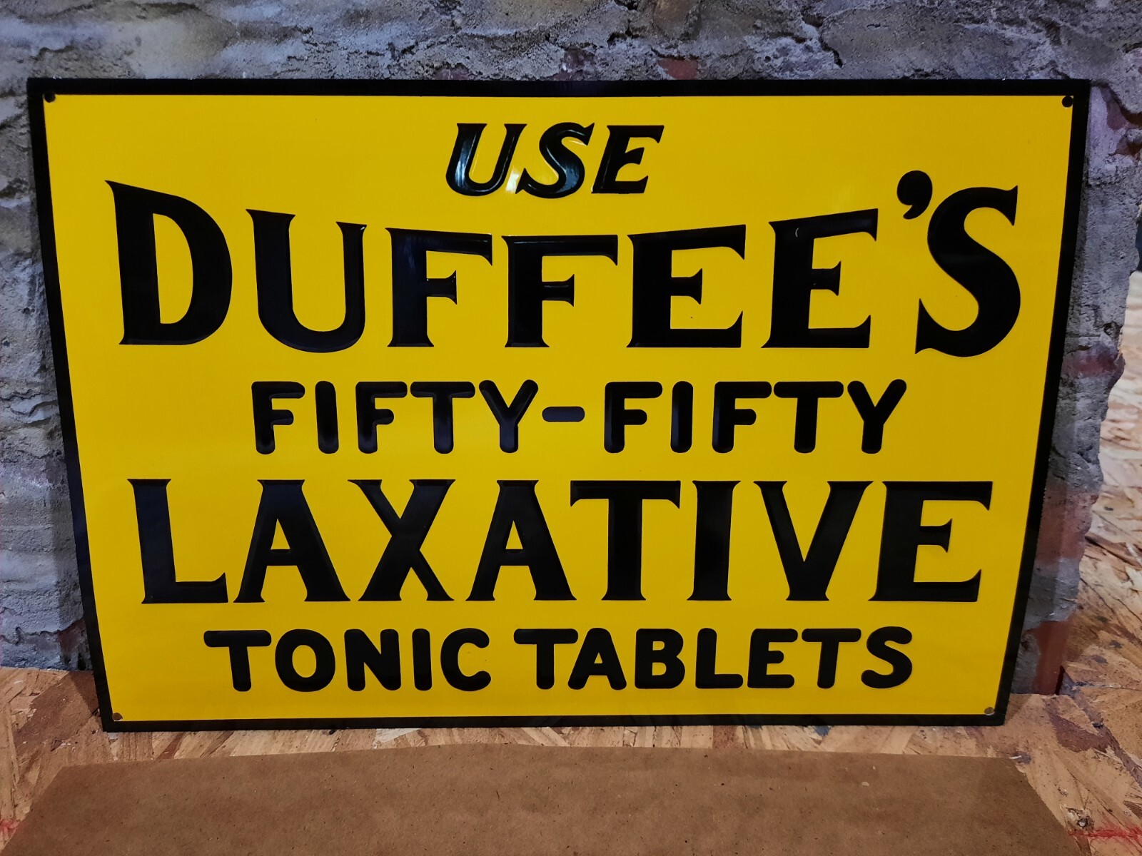 NEW OLD STOCK NOS EMBOSSED USE DUFFEE\'S LAXATIVE METAL SIGN MINT TONIC TABLETS
