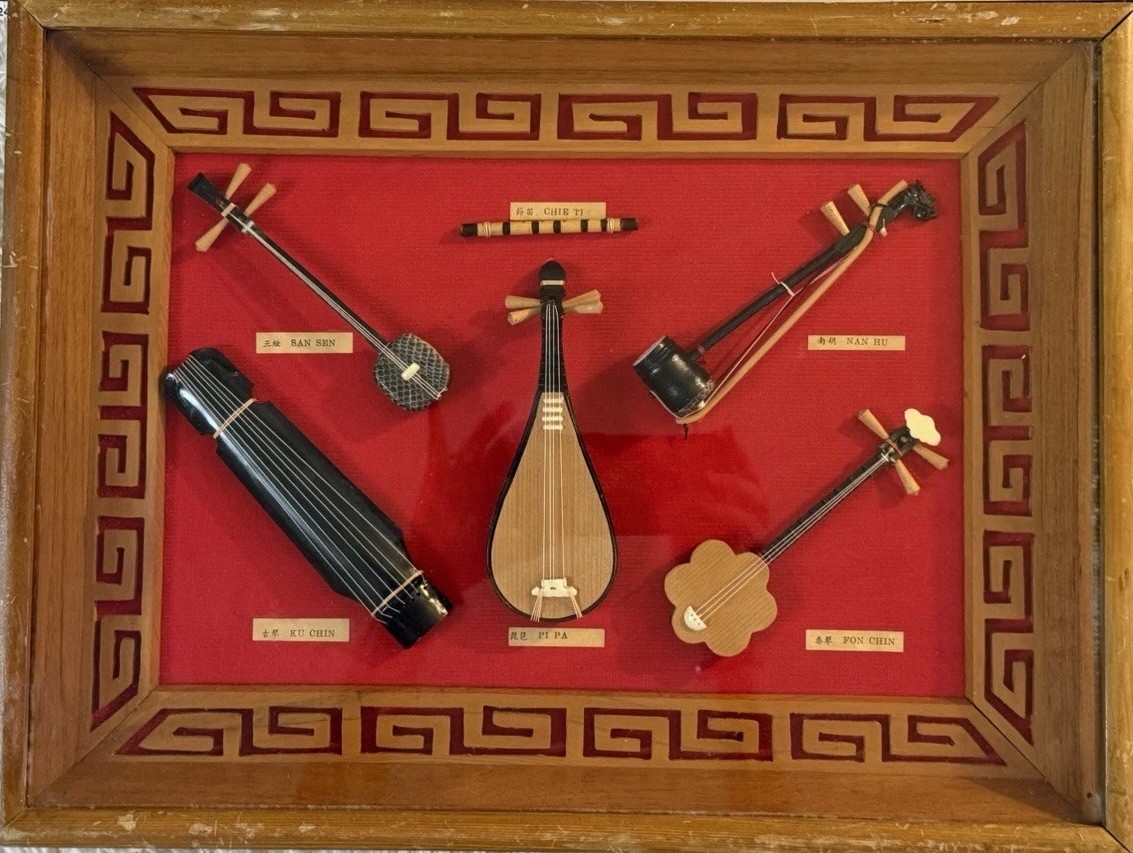 Vintage China Miniature Music Instruments Shadow Box Guitar Flute Guu-Jeng Chyn